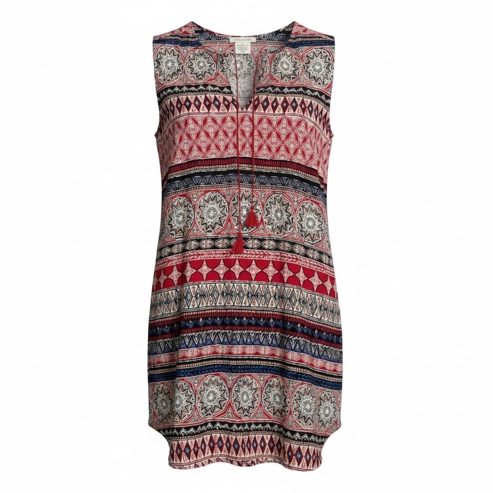 beachlunchlounge Women‎ Small Sleeveless V Neck Tassel Print Rayon Mini Dress